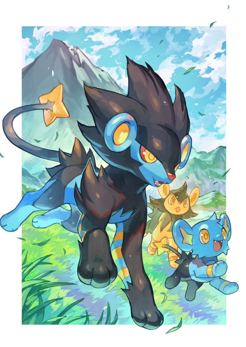 absurdres alternate_color border clouds commentary_request day evolutionary_line fangs grass highres leaves_in_wind luxio luxray mountain no_humans open_mouth outdoors pokemon pokemon_(creature) running shinx shiny_pokemon sky smile tapioka_chaso toes tongue white_border