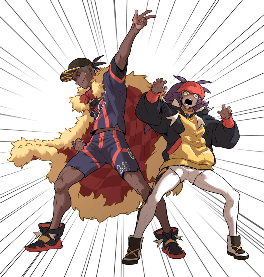 2boys argyle arm_up baseball_cap black_footwear black_hoodie borrowed_garments cape charizard_pose claw_pose closed_mouth commentary_request dark-skinned_male dark_skin earrings emphasis_lines facial_hair fur-trimmed_cape fur_trim hands_up hat headband highres hood hoodie jewelry korean_commentary leggings leon_(pokemon) long_hair male_focus multiple_boys open_mouth orange_headband pokemon pokemon_(game) pokemon_swsh purple_hair raihan_(pokemon) red_cape redlhzz shirt shoes short_hair short_shorts short_sleeves shorts side_slit side_slit_shorts smile teeth w white_background white_legwear white_shorts yellow_eyes