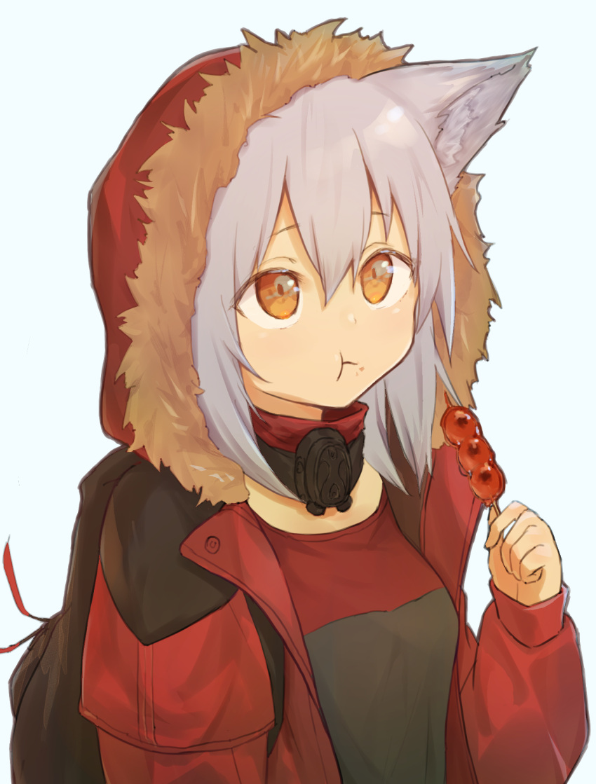 1girl :t animal_ears arknights bangs chewing dango food highres holding holding_food hood hood_up hooded_jacket iwagmo jacket mitarashi_dango open_clothes open_jacket projekt_red_(arknights) red_jacket silver_hair solo wagashi wolf_ears wolf_girl yellow_eyes