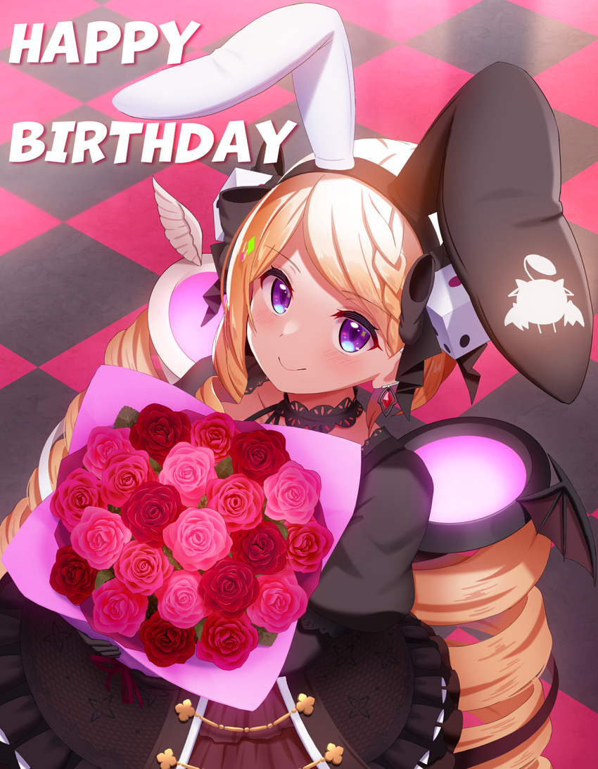 1girl aki_rosenthal animal_ears bangs black_dress black_gloves black_hairband blonde_hair bouquet braid braided_bangs checkered_floor closed_mouth detached_hair dice_hair_ornament dress drill_hair elbow_gloves eyebrows_visible_through_hair fake_animal_ears flower gloves hair_ornament hairband happy_birthday highres holding holding_bouquet hololive long_hair looking_at_viewer low_twintails mikomiko_(mikomikosu) pink_flower pink_rose puffy_short_sleeves puffy_sleeves rabbit_ears red_flower red_rose rose short_sleeves smile solo swept_bangs twin_drills twintails very_long_hair violet_eyes