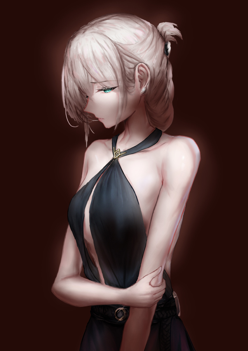 1girl absurdres an-94_(girls'_frontline) an-94_(silent_rouge)_(girls'_frontline) aqua_eyes bangs bare_shoulders black_dress blonde_hair breasts closed_mouth collarbone crossed_arms dress earrings eyebrows_visible_through_hair girls_frontline hair_between_eyes hair_ornament highres jewelry lips long_hair looking_to_the_side nose official_alternate_costume red_background small_breasts solo standing xuanren69