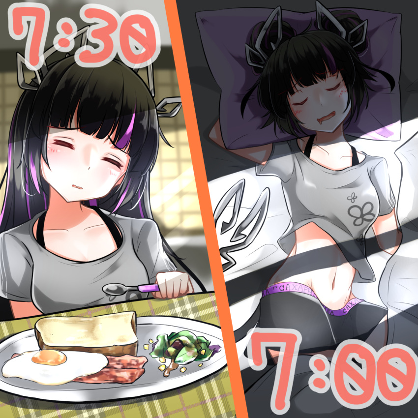1girl alternate_costume alternate_hairstyle bacon bangs bed black_hair black_shorts blunt_bangs blush breakfast breasts closed_eyes commentary_request dameyoshi demon_girl demon_horns demon_tail double_bun drooling eyebrows_visible_through_hair food fried_egg grey_shirt highres holding holding_spoon horns kojo_anna long_hair medium_breasts mouth_drool multicolored_hair open_mouth pillow pointy_ears purple_hair shirt short_hair shorts sleeping sleepwear spoon sugar_lyric tail timestamp toast two-tone_hair upper_body virtual_youtuber