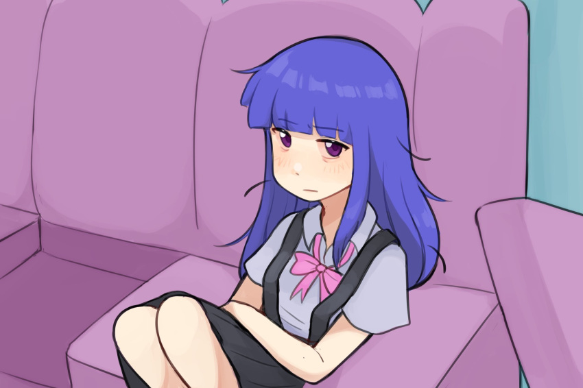 1girl :| bangs black_skirt bloodshot_eyes blue_hair blunt_bangs bow closed_mouth collared_shirt colored_sclera couch cushion drugged family_guy furude_rika hand_on_own_thigh highres higurashi_no_naku_koro_ni hime_cut indoors long_hair looking_at_viewer loose_neck_ribbon messy_hair neck_ribbon nvi2762 pink_bow pink_sclera pleated_skirt ribbon school_uniform shirt sitting skirt solo st._lucia_academy_school_uniform suspender_skirt suspenders white_shirt yokozuwari