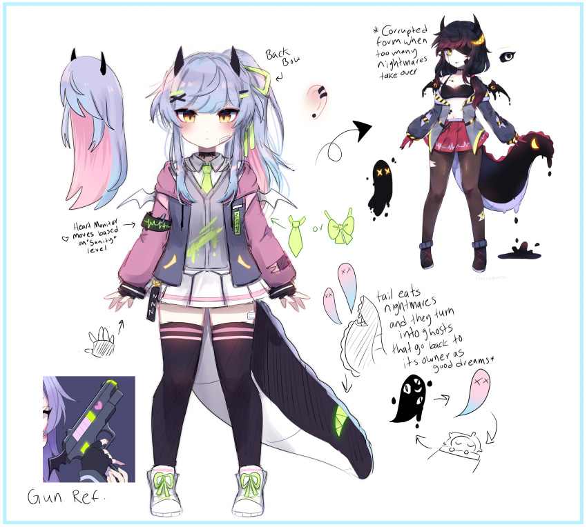 1girl absurdres blue_hair blush bow character_sheet dragon_girl dragon_horns dragon_tail dragon_wings full_body hair_bow highres horns indie_virtual_youtuber looking_at_viewer multicolored_hair official_art pale_skin pink_hair purple_hair side_ponytail sleepy_bunsu sleepybunsu solo tail virtual_youtuber wings yellow_eyes