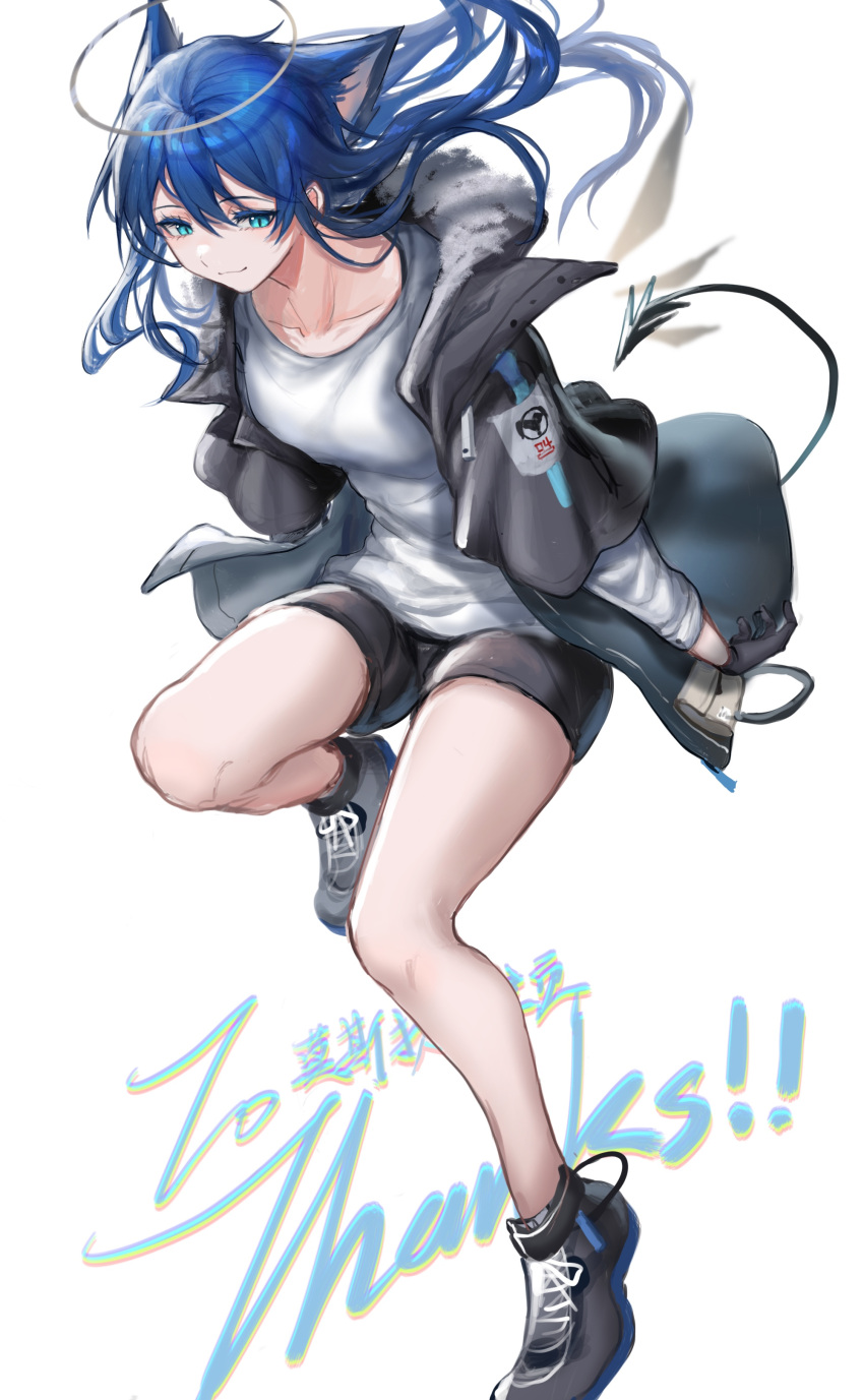 1girl absurdres animal_ears arknights black_footwear black_jacket black_shorts blue_eyes blue_hair cat_ears demon_tail detached_sleeves energy_wings fur-trimmed_hood fur_trim hair_between_eyes halo highres hood hood_down jacket kemonomimi_mode long_hair looking_at_viewer mostima_(arknights) no_horns open_clothes open_jacket shirt shoes shorts simple_background smile solo tail thank_you white_background white_shirt zuo_daoxing