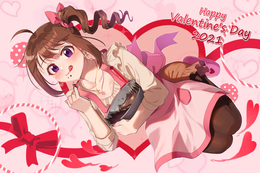 1girl :q ahoge apron bangs black_legwear bowl brown_hair brown_skirt chocolate closed_mouth commentary dated drill_hair earrings english_text eyebrows_visible_through_hair floating food food_on_face frilled_shirt frilled_skirt frills hair_ribbon happy_valentine heart holding holding_bowl idolmaster idolmaster_million_live! jewelry kamille_(vcx68) licking_lips long_sleeves looking_at_viewer medium_hair miniskirt mixing_bowl necklace pantyhose pink_apron pink_footwear pink_ribbon ribbon shirt side_drill side_ponytail sidelocks skirt slippers smile solo tongue tongue_out valentine violet_eyes whisk white_shirt yokoyama_nao