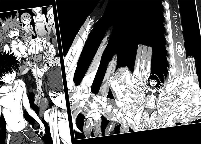 2boys 6+girls animal_ears anti-art_attachment bikini black_hair breasts cannon chainsaw character_request dark-skinned_female dark_skin energy_cannon energy_gun energy_weapon eyebrows_visible_through_hair greyscale gun haimura_kiyotaka hair_between_eyes hand_up highres huge_weapon kamijou_touma kamisato_kakeru kihara_yuiitsu labcoat large_breasts long_hair machine_gun machinery mecha mechanical_parts mechanical_wings medium_breasts medium_hair monochrome multiple_boys multiple_girls multiple_weapons navel novel_illustration official_art open_mouth power_suit salome_(toaru_majutsu_no_index) short_hair swimsuit toaru_majutsu_no_index toaru_majutsu_no_index:_new_testament topless v-shaped_eyebrows weapon white_hair wings