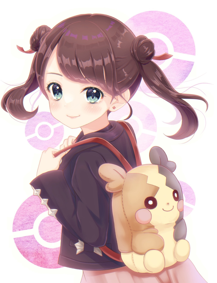 1girl backpack bag bangs blush brown_hair brown_jacket closed_mouth commentary_request double_bun dress earrings eyelashes from_side green_eyes highres holding_strap jacket jewelry long_sleeves marnie_(pokemon) morpeko morpeko_(full) pink_dress poke_ball_symbol pokemon pokemon_(game) pokemon_swsh risako_(risarisawahuwahu) smile themed_object twintails younger