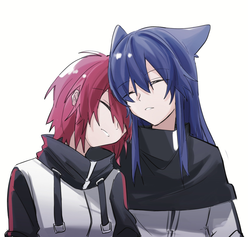2girls animal_ears arknights black_capelet blue_hair capelet chinese_commentary closed_eyes commentary_request exusiai_(arknights) eyebrows_visible_through_hair hibioes highres jacket multiple_girls parted_lips raglan_sleeves redhead short_hair sleeping sleeping_on_person texas_(arknights) white_jacket wolf_ears wolf_girl