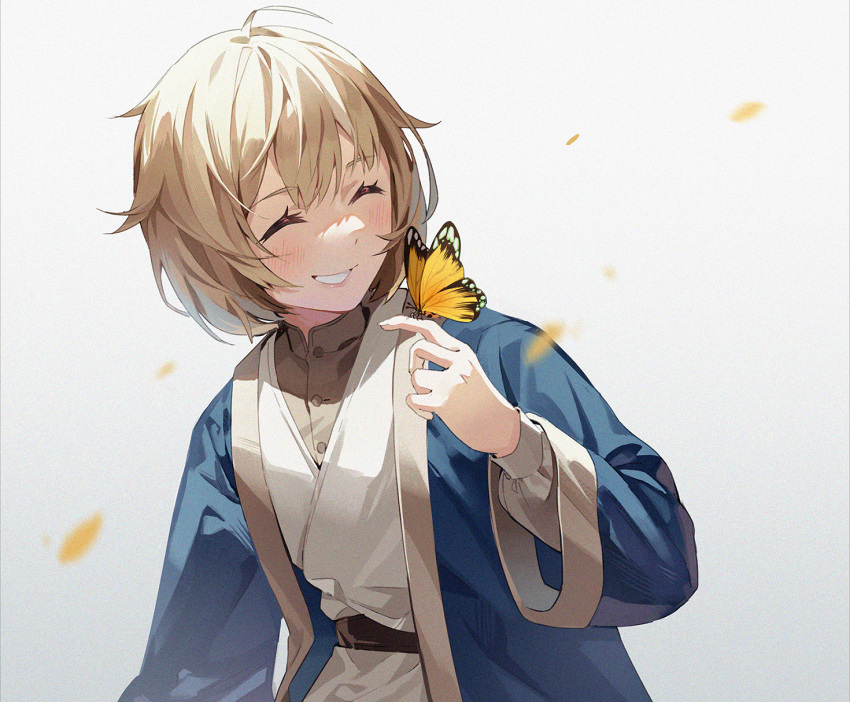 1girl ^_^ ahoge bangs blonde_hair blue_robe blush bug butterfly butterfly_on_hand closed_eyes closed_mouth commentary dungeon_meshi eyebrows_visible_through_hair falin_thorden grey_shirt grin hair_between_eyes highres hoshiko_(419401x) long_sleeves open_clothes open_robe robe shirt short_hair sidelocks simple_background smile standing teeth upper_body white_background white_robe