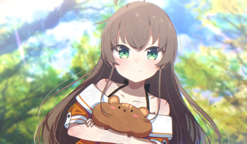 1girl absurdres ahoge animal_hug bangs bare_shoulders blurry blurry_background blush brown_hair chipmunk closed_mouth collarbone commentary_request day depth_of_field eyebrows_visible_through_hair green_eyes highres hololive jacket long_hair looking_at_viewer matsurisu natsuiro_matsuri off-shoulder_jacket off_shoulder okota_mikan orange_jacket outdoors puffy_cheeks puffy_short_sleeves puffy_sleeves short_sleeves smile squirrel upper_body very_long_hair virtual_youtuber