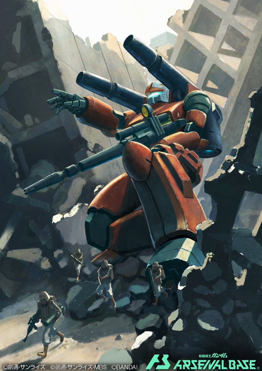 4boys absurdres boots brown_footwear deraken from_side grey_pants gun guncannon gundam gundam_arsenal_base helmet highres holding holding_gun holding_weapon mecha mobile_suit mobile_suit_gundam multiple_boys official_art open_hand pants science_fiction shoulder_cannon soldier solo_focus visor walking weapon