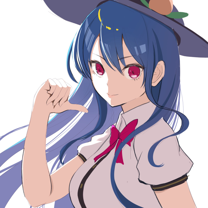 1girl amisu black_headwear blue_hair closed_mouth collared_shirt eyebrows_visible_through_hair food fruit hair_between_eyes hat highres hinanawi_tenshi long_hair one-hour_drawing_challenge peach puffy_short_sleeves puffy_sleeves red_eyes shirt short_sleeves simple_background smile solo touhou upper_body white_background white_shirt