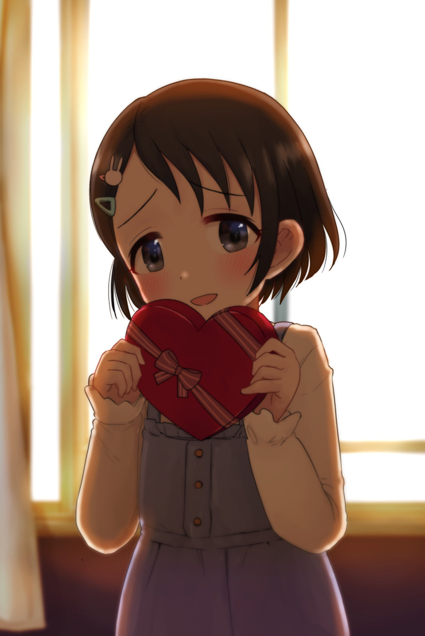 absurdres black_eyes black_hair blue_dress blush bow box buttons come_hither commentary_request dress hair_ornament hairclip heart-shaped_box highres holding holding_box idolmaster idolmaster_cinderella_girls indoors long_sleeves looking_at_viewer noise_(mokusei) noise_(noisekun) sasaki_chie shirt short_hair smile solo sunset upper_body white_shirt window