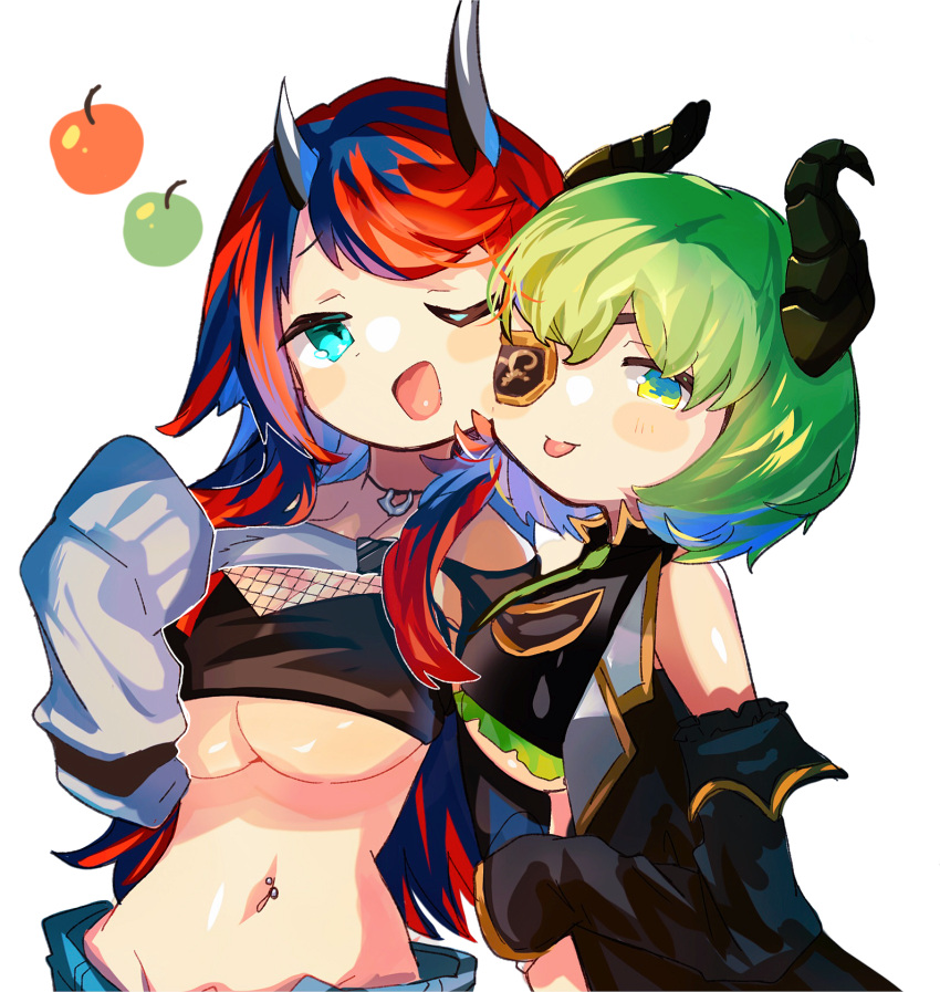 2girls apple bangs bikini bikini_top_only black_bikini black_hair black_sleeves blue_eyes blue_shorts blush breasts commentary_request demon_girl demon_horns detached_sleeves eyepatch fishnet_top fishnets food fruit green_apple green_hair highres honey_strap horns jacket jewelry large_breasts long_hair long_sleeves looking_at_viewer midriff multicolored_hair multiple_girls navel navel_piercing necklace official_alternate_costume one_eye_closed open_mouth piercing red_apple redhead ryugasaki_rene sekishiro_mico shio_midori short_hair shorts shrug_(clothing) simple_background smile sugar_lyric swimsuit tongue tongue_out two-tone_hair under_boob upper_body virtual_youtuber white_background white_jacket
