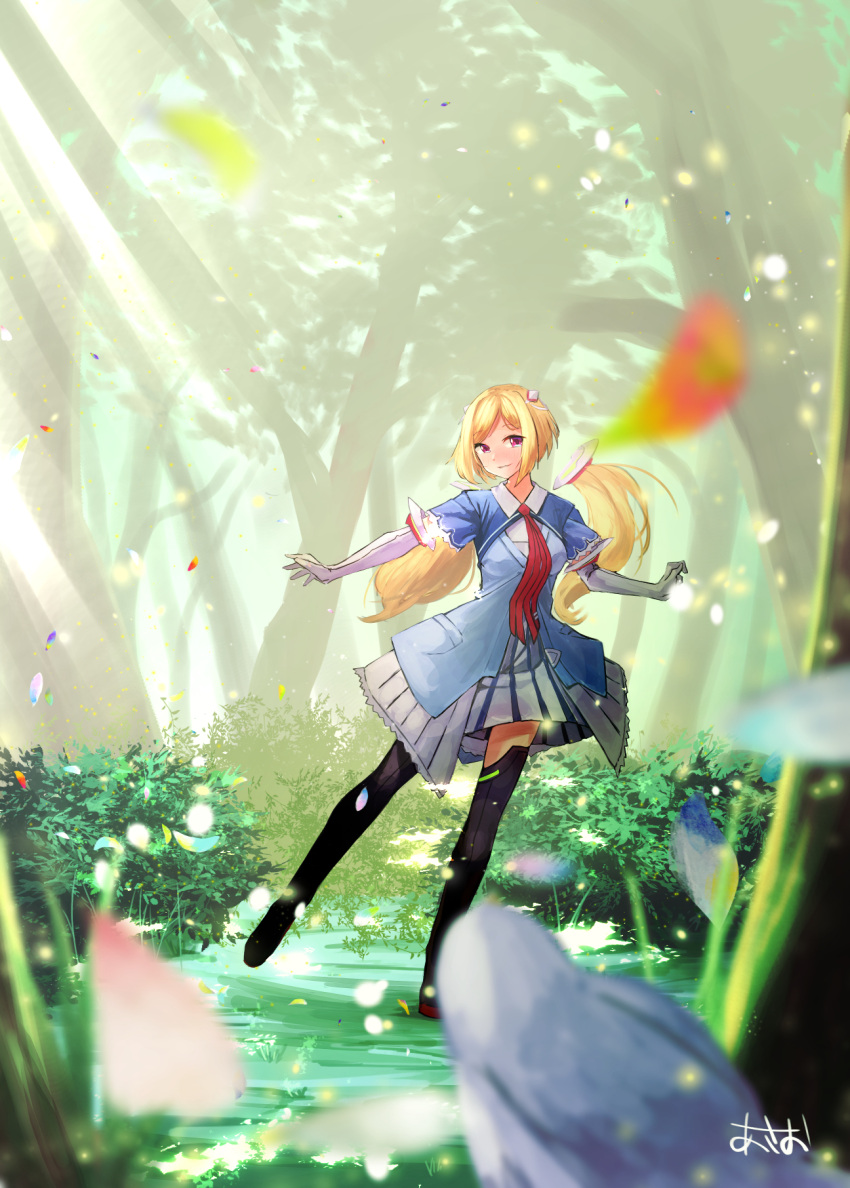 1girl aki_rosenthal asao_(flavor_of_morning) blonde_hair boots detached_hair elbow_gloves forest gloves highres hololive nature necktie petals signature smile thigh-highs thigh_boots tree twintails violet_eyes virtual_youtuber