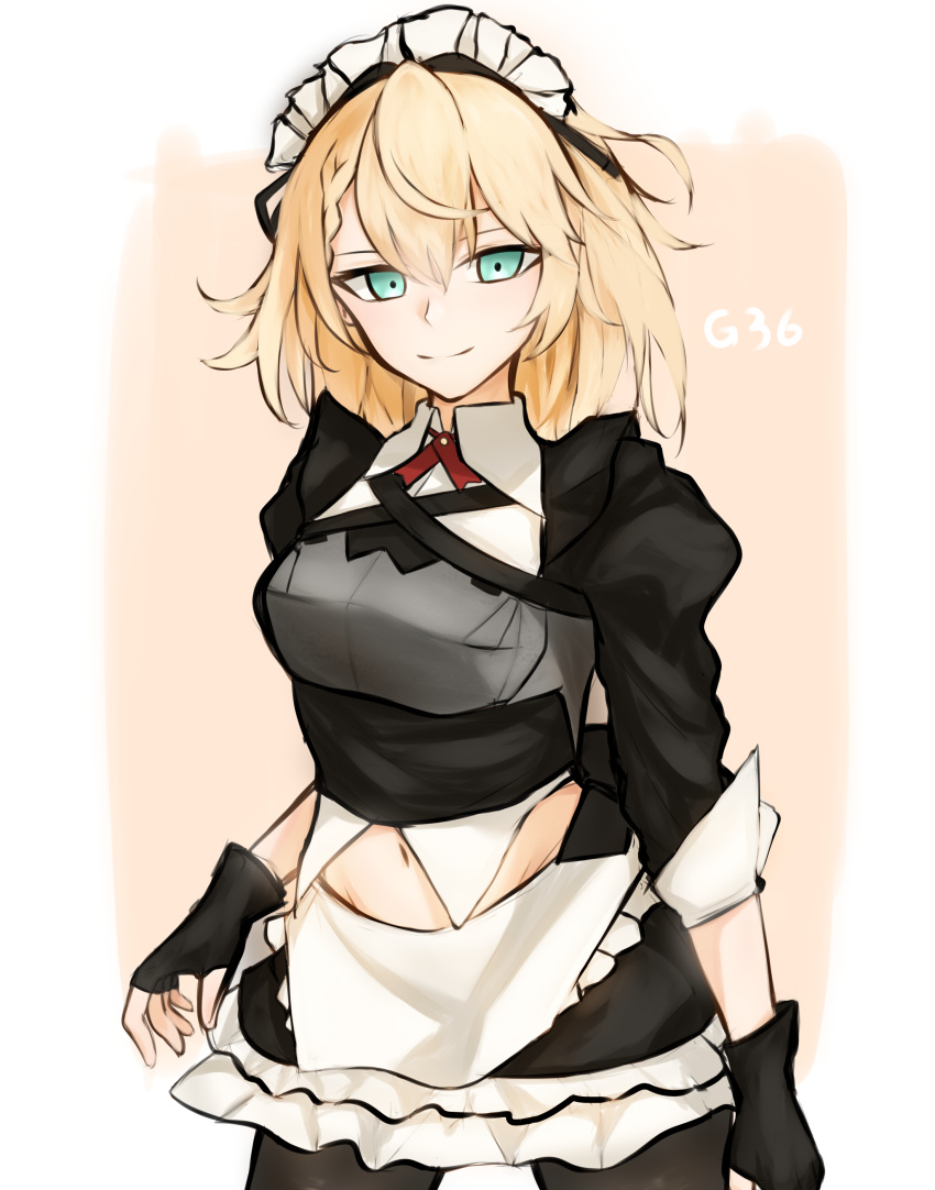 1girl absurdres apron aqua_eyes armor bangs black_gloves blonde_hair character_name closed_mouth commentary_request cowboy_shot fingerless_gloves g36_(girls'_frontline) girls_frontline gloves hair_between_eyes highres long_hair looking_at_viewer maid maid_headdress mod3_(girls'_frontline) navel ozeu0916 pantyhose smile solo