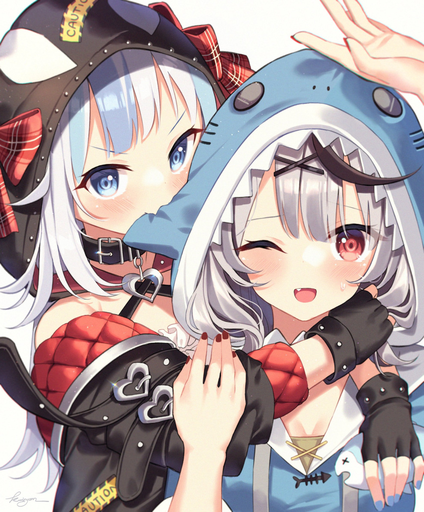 2girls ;d animal_hood arms_around_neck bangs biting black_hair black_hoodie black_jacket blue_eyes blue_hair blue_hoodie blue_nails blush bow commentary cosplay costume_switch english_commentary fang gawr_gura gawr_gura_(cosplay) highres hololive hololive_english hood hood_up hoodie jacket kuri_(animejpholic) multicolored_hair multiple_girls nail_polish one_eye_closed open_clothes open_jacket orca_hood plaid plaid_bow red_bow red_eyes red_nails sakamata_chloe sakamata_chloe_(cosplay) shark_hood signature silver_hair simple_background smile streaked_hair upper_body v-shaped_eyebrows virtual_youtuber white_background