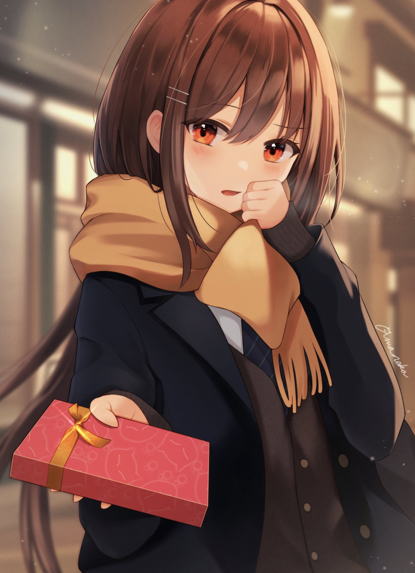 1girl amaneko_(amaneko_y) bangs blue_jacket blurry blurry_background blush brown_hair eyebrows_visible_through_hair gift hair_between_eyes hair_ornament hairclip highres holding holding_gift incoming_gift jacket long_hair looking_at_viewer necktie open_mouth orange_eyes original scarf school_uniform shirt signature solo sweater upper_body valentine white_shirt yellow_scarf