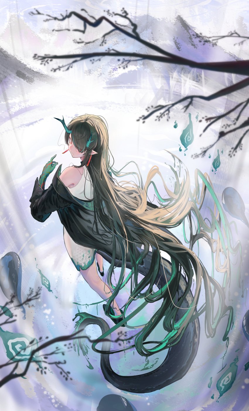 1girl absurdly_long_hair absurdres arknights arm_tattoo black_footwear black_hair branch china_dress chinese_clothes colored_skin dragon_girl dragon_horns dragon_tail dress dusk_(arknights) ear_piercing flame-tipped_tail floating_hair from_above from_behind full_body green_hair green_skin hair_over_one_eye highres horns long_hair looking_at_viewer looking_back mountainous_horizon multicolored_hair natsuba002 piercing pointy_ears pride_(arknights) red_eyes sleeveless sleeveless_dress streaked_hair tail tattoo very_long_hair walking white_dress