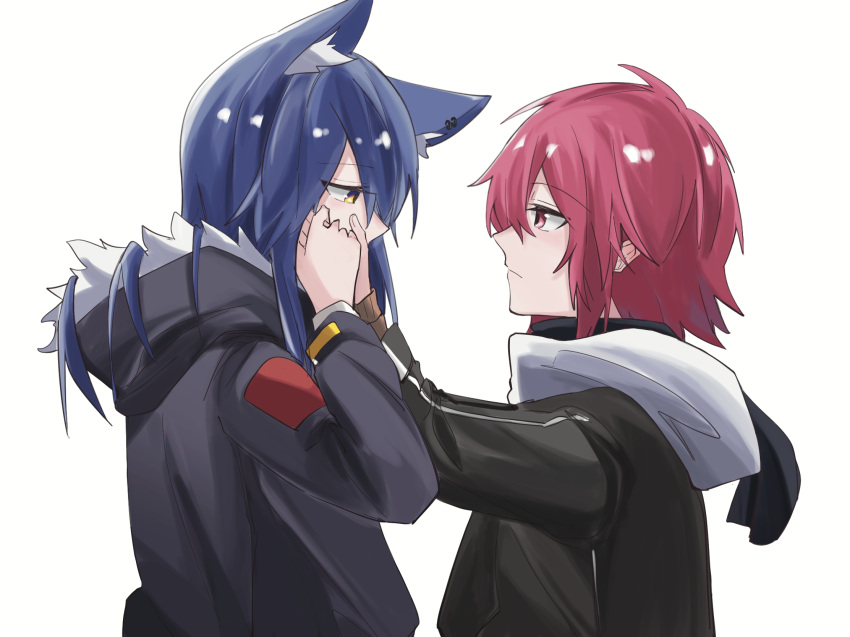 2girls animal_ear_fluff animal_ears arknights black_jacket blue_hair brown_jacket chinese_commentary closed_mouth commentary_request exusiai_(arknights) eyebrows_visible_through_hair fur-trimmed_hood fur_trim hands_on_another's_face hibioes highres hood hooded_jacket jacket long_hair multiple_girls red_eyes redhead short_hair texas_(arknights) wolf_ears