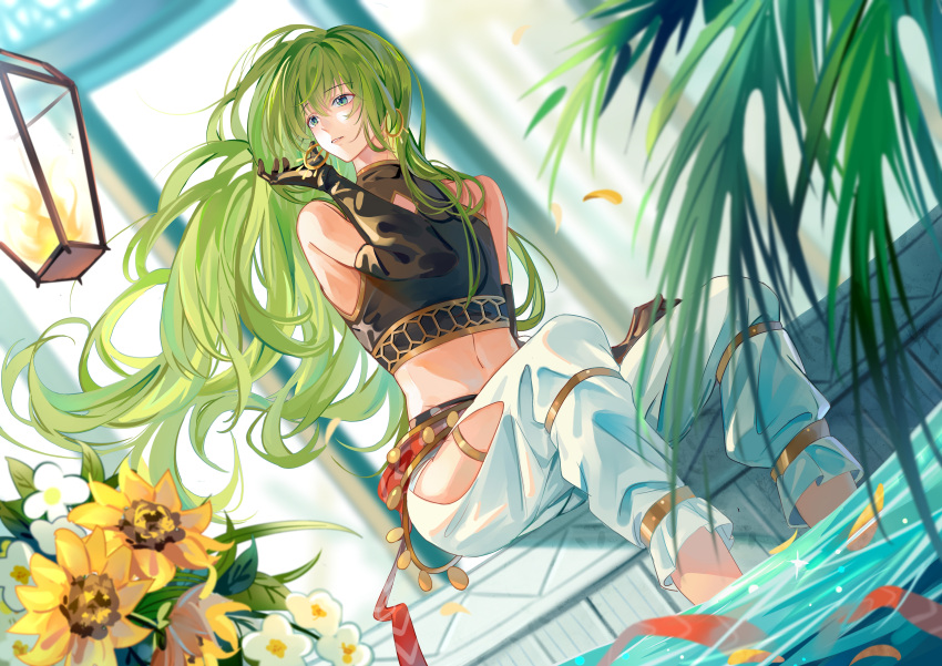 absurdres alternate_costume ambiguous_gender androgynous bangs bare_shoulders black_gloves craft_essence_(fate) earrings enkidu_(fate) fate/grand_order fate_(series) flower formal gloves green_eyes green_hair highres jewelry long_hair looking_afar pants petals prejun robe side_slit sitting solo talk_of_the_hot_sands tank_top type-moon very_long_hair water white_pants