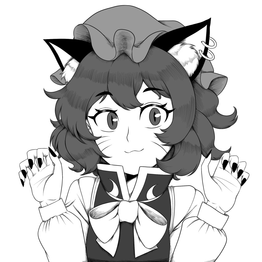 1girl :3 animal_ear_fluff animal_ears bangs bow bowtie cat_ears chen claw_pose closed_mouth earrings eyebrows_visible_through_hair fingernails giantcavemushroom greyscale hands_up hat highres jewelry long_fingernails long_sleeves looking_at_viewer medium_hair mob_cap monochrome puffy_long_sleeves puffy_sleeves sharp_fingernails simple_background slit_pupils smile solo touhou upper_body whiskers white_background white_bow white_bowtie