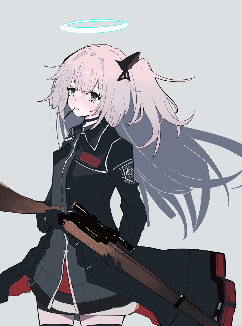 1girl absurdres ambriel_(arknights) arknights bangs blush choker coat food food_in_mouth gloves grey_eyes gun halo highres holding holding_gun holding_weapon infection_monitor_(arknights) kisaragimion lee-enfield long_hair open_clothes open_coat pink_hair pocky rifle side_ponytail solo weapon