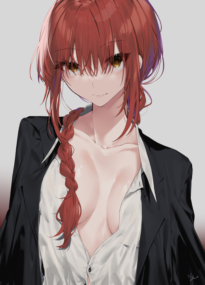 1girl absurdres braid braided_ponytail breasts breasts_apart business_suit chainsaw_man collarbone eyebrows_visible_through_hair formal hair_between_eyes hair_over_shoulder highres large_breasts long_hair looking_at_viewer makima_(chainsaw_man) narakuroko27 no_bra open_clothes redhead suit upper_body