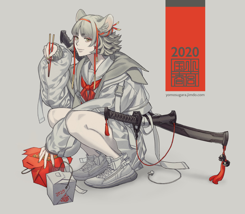 1girl 2020 absurdres animal_ears bangs blunt_bangs chinese_zodiac chopsticks eyebrows_visible_through_hair eyeshadow food from_behind high_tops highres holding jacket komiya_kuniharu limited_palette looking_at_viewer makeup mouse_ears nail_polish neckerchief original pale_skin pleated_skirt sailor_collar school_uniform serafuku sheath sheathed short_hair skirt smile solo spot_color squatting sword takeout_container tassel weapon web_address white_theme year_of_the_rat yellow_eyes yellow_nails
