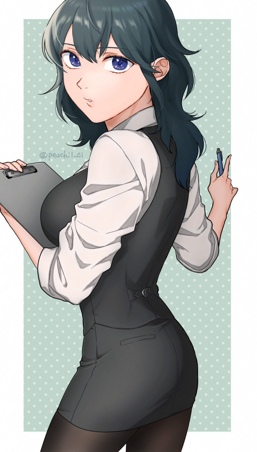 1girl absurdres alternate_costume black_legwear black_skirt blue_hair breasts business_suit byleth_(fire_emblem) byleth_eisner_(female) clipboard commentary_request contemporary fire_emblem fire_emblem:_three_houses formal highres holding holding_clipboard holding_pen large_breasts long_hair looking_at_viewer office_lady pantyhose parted_lips peach11_01 pen shirt skirt skirt_suit sleeves_rolled_up solo suit twitter_username violet_eyes white_shirt
