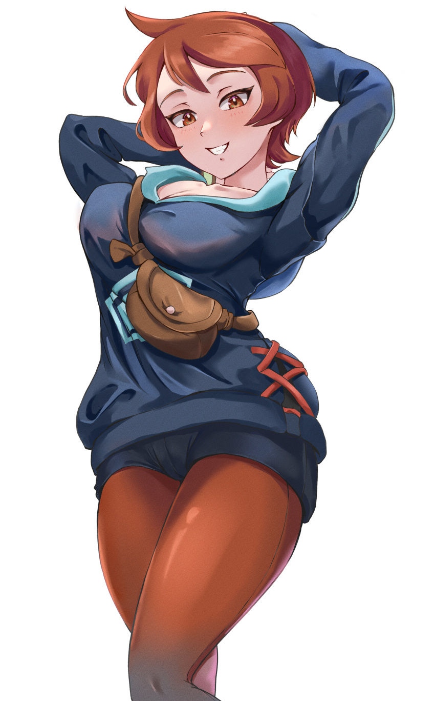1girl absurdres ahoge arezu_(pokemon) arms_behind_head arms_up bangs blush breasts brown_bag brown_eyes brown_hair collarbone commentary_request diamond_clan_outfit gradient gradient_clothes highres hood hood_down long_sleeves looking_at_viewer medium_breasts nagaya_(arx7sagara) pantyhose parted_lips pokemon pokemon_(game) pokemon_legends:_arceus shiny shiny_clothes shiny_hair short_hair shorts simple_background smile solo