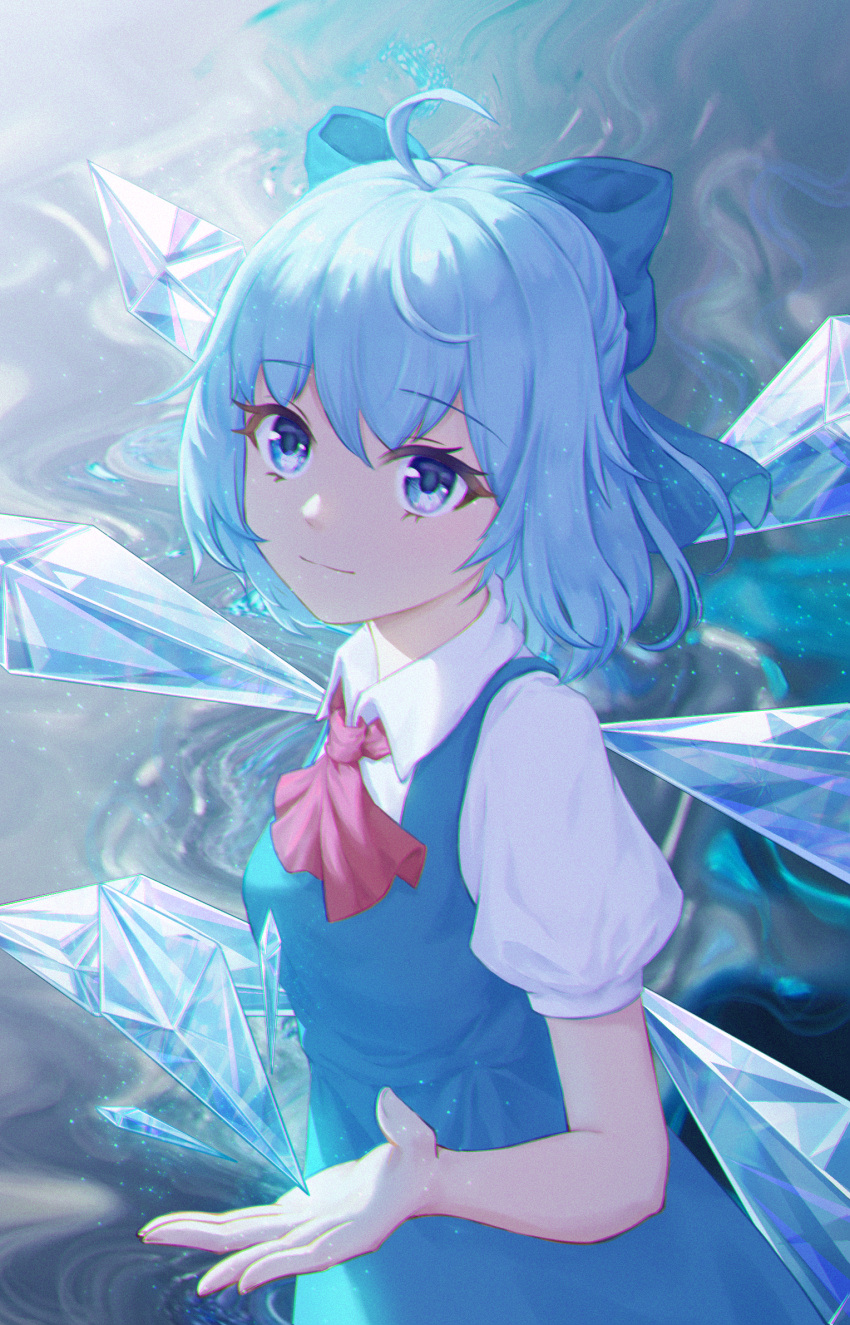 1girl 843830075 ascot bangs blue_background blue_bow blue_dress blue_eyes blue_hair bow bowtie breasts cirno closed_mouth collared_shirt dress eyebrows_visible_through_hair fingernails hair_between_eyes hand_up highres ice ice_wings looking_at_viewer magic medium_breasts puffy_short_sleeves puffy_sleeves red_ascot shirt short_hair short_sleeves smile solo standing touhou white_background white_shirt wings