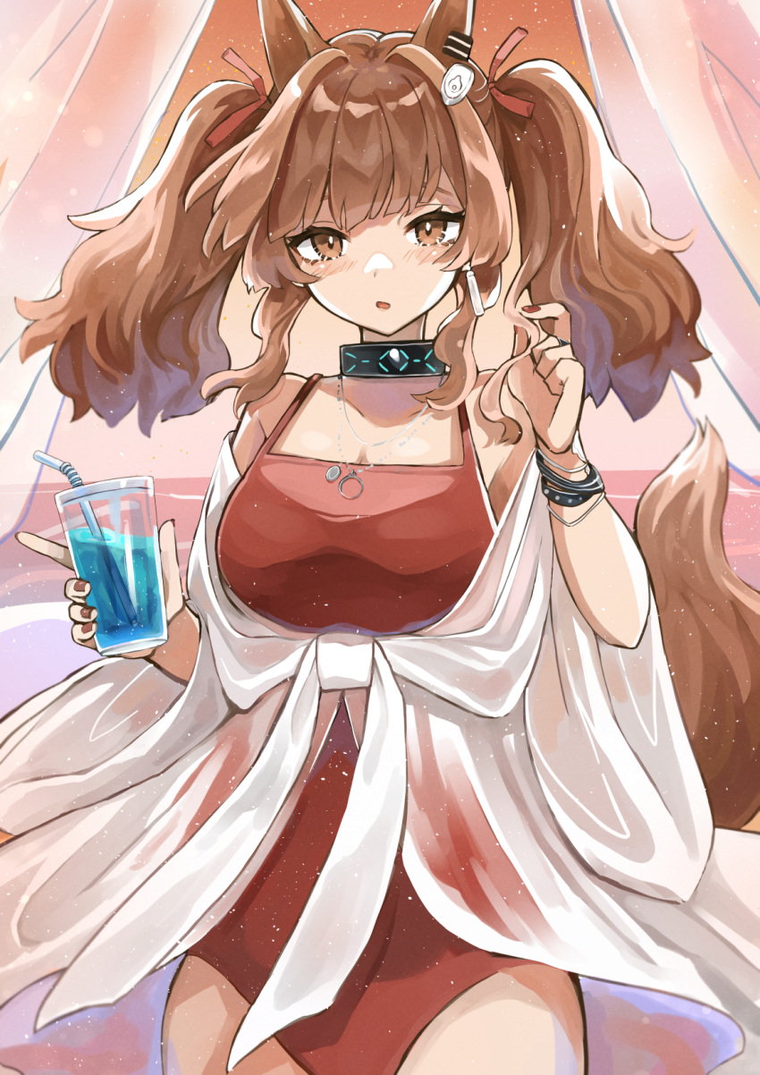 1girl andou_yuna angelina_(arknights) angelina_(summer_flowers)_(arknights) animal_ears arknights blush bracelet breasts coat cowboy_shot cup curtains drink drinking_glass drinking_straw earrings eyebrows_behind_hair fox_ears fox_girl glass hair_ribbon highres holding holding_drink indoors infection_monitor_(arknights) jewelry medium_breasts necklace official_alternate_costume open_mouth orange_background red_ribbon red_swimsuit ribbon solo swimsuit twintails white_coat