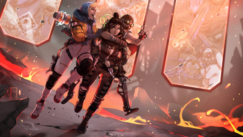 1boy 2girls \m/ absurdres apex_legends arm_tattoo ass_visible_through_thighs bangs black_gloves black_hair black_headwear blonde_hair blue_bodysuit blue_eyes bodysuit butterfly_knife_(apex_legends) cable electricity english_commentary fingerless_gloves game_cg gloves glowing glowing_eyes goggles grey_eyes hair_bun highres holding holding_knife ifragmentix knife kunai mechanical_legs multiple_girls octane_(apex_legends) official_art open_mouth parted_bangs ribbed_bodysuit smile tattoo wattson_(apex_legends) weapon white_bodysuit wraith's_kunai wraith_(apex_legends)