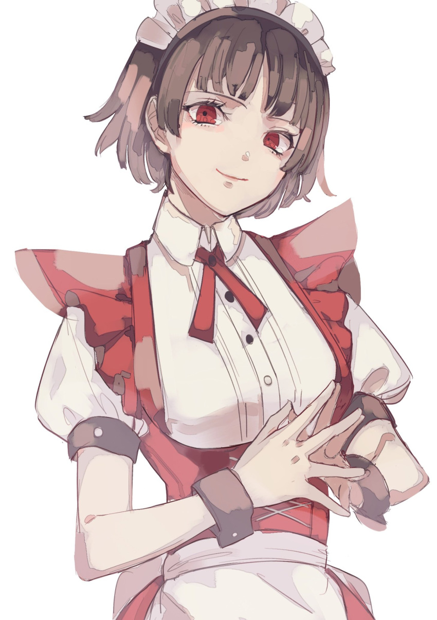 1girl alternate_costume apron brown_hair enmaided frilled_apron frills highres maid maid_apron maid_headdress niijima_makoto persona persona_5 puffy_short_sleeves puffy_sleeves red_eyes sabakawa short_hair short_sleeves solo white_apron wrist_cuffs