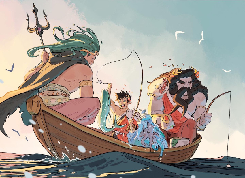 3boys aqua_hair bird black_hair black_sclera boat cape colored_sclera facial_hair father_and_son fish fishing fishing_rod giant giant_male greek_clothes green_eyes hades_(game) hades_(hades) heterochromia hikari_toriumi laurel_crown male_focus mismatched_sclera multiple_boys mustache ocean octopus open_mouth polearm poseidon_(hades) red_eyes seagull single_bare_shoulder size_difference skull smile trident uncle_and_nephew water watercraft weapon zagreus_(hades)