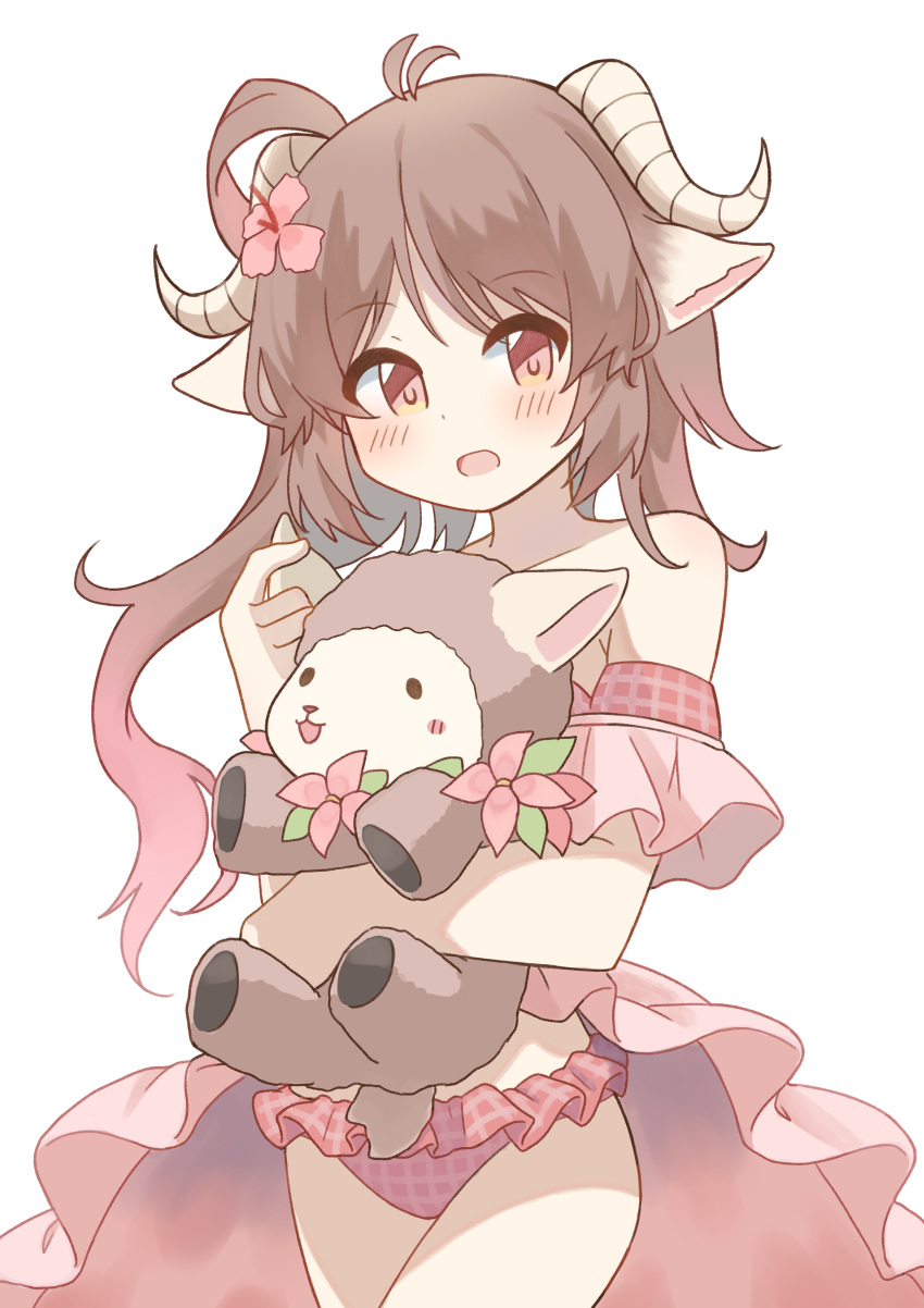 1girl absurdres alternate_hairstyle animal animal_ears arknights armpit_crease bangs bare_shoulders blush brown_eyes brown_hair commentary eyjafjalla_(arknights) eyjafjalla_(summer_flowers)_(arknights) highres holding holding_animal horns long_hair official_alternate_costume parted_lips ryoku_sui sheep sheep_ears sheep_horns solo swimsuit