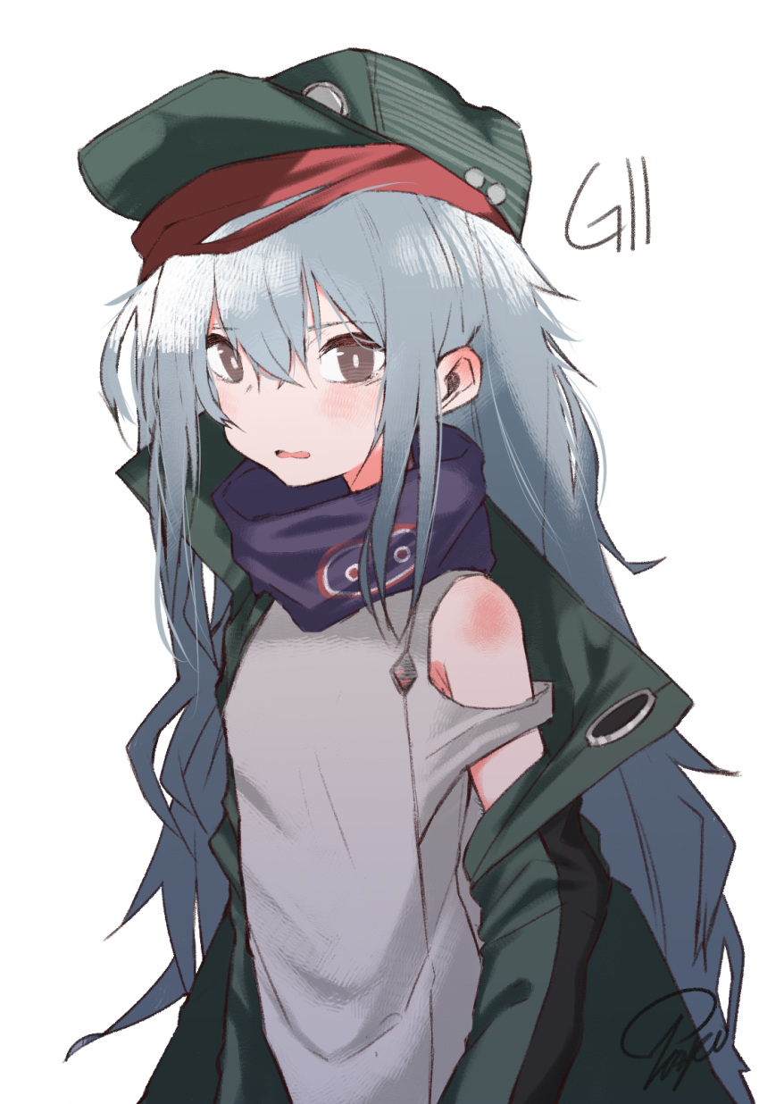 1girl artist_name bangs blush brown_eyes character_name eyebrows_visible_through_hair g11_(girls'_frontline) girls_frontline green_jacket grey_eyes grey_hair hair_between_eyes hat highres jacket long_hair looking_at_viewer open_mouth shirt signature silver_hair simple_background sleeveless sleeveless_shirt solo tosyeo upper_body white_background