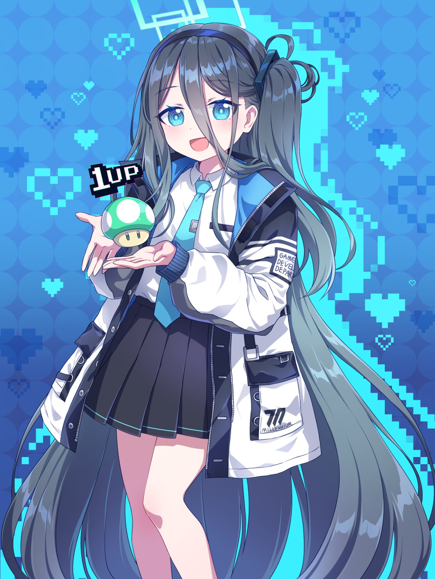 1-up_mushroom 1girl 1up :d absurdres arisu_(blue_archive) bangs black_hair black_hairband black_skirt blue_archive blue_background blue_eyes blue_necktie caramell0501 clothes_writing coat collared_shirt eyebrows_visible_through_hair hair_between_eyes hairband heart highres long_hair long_sleeves looking_at_viewer necktie one_side_up open_mouth pixelated pleated_skirt shirt skirt smile solo standing tie_clip very_long_hair white_coat white_shirt