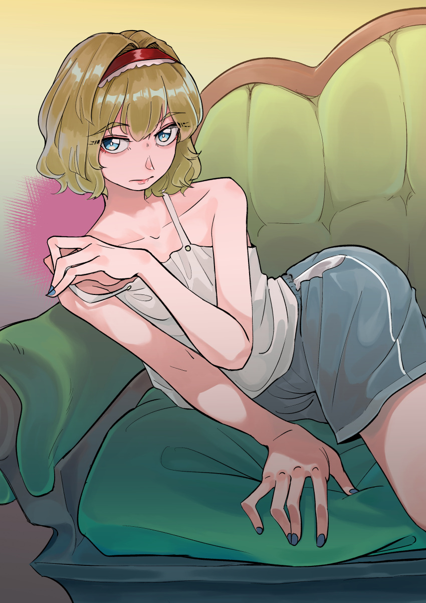 1girl absurdres alice_margatroid bare_shoulders blonde_hair blue_eyes blue_nails camisole collarbone couch eyebrows_visible_through_hair frogsnake gym_shorts hairband highres looking_at_viewer lying on_side red_hairband short_hair shorts solo spaghetti_strap touhou