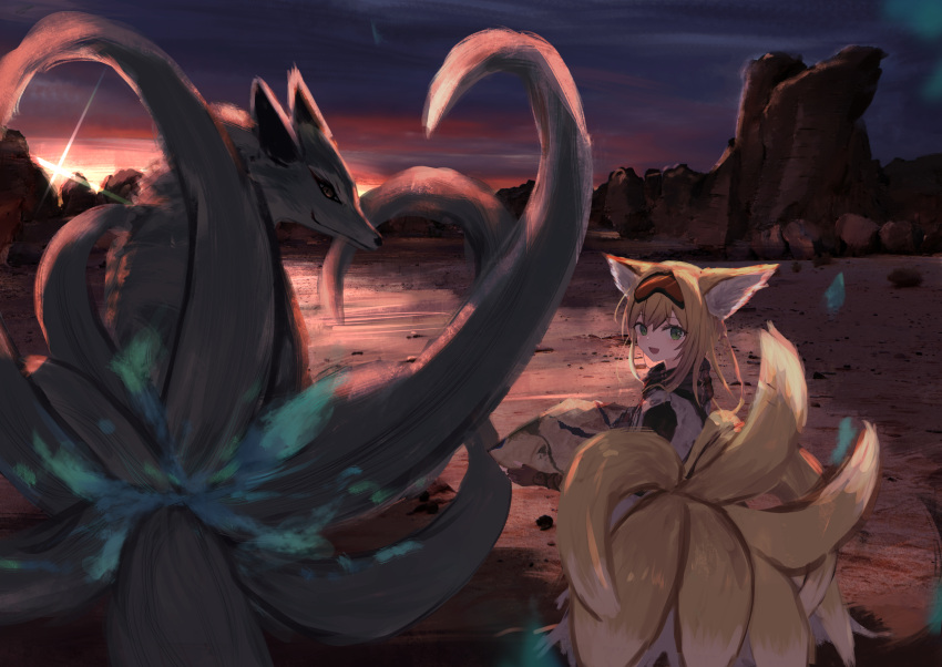 1girl :d absurdres animal animal_ears arknights black_scarf blonde_hair brown_eyes closed_mouth commentary_request fox fox_ears fox_girl fox_tail goggles goggles_on_head green_eyes highres jacket kyuubi looking_at_viewer looking_back multiple_tails outdoors scarf smile solo sore_watasino sunrise suzuran_(arknights) suzuran_(lostlands_flowering)_(arknights) tail white_jacket