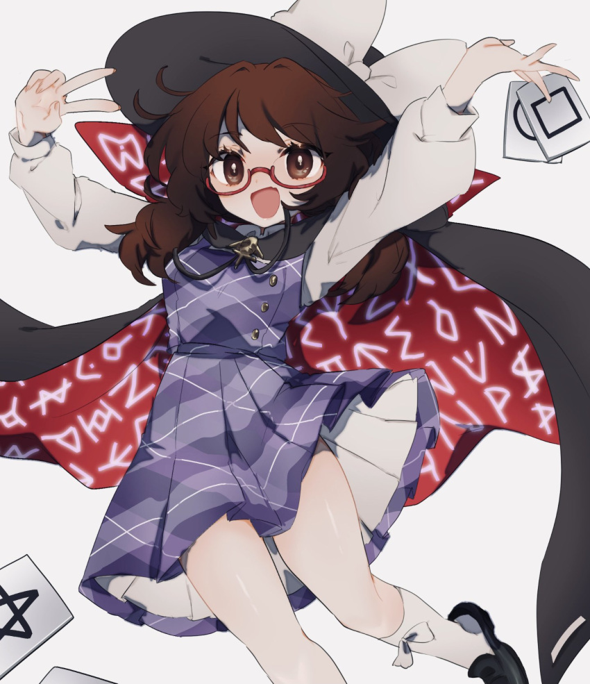 1girl :d ayahi_4 black_cape black_footwear black_headwear bow brown_eyes brown_hair buttons cape card commentary eyebrows_visible_through_hair foot_out_of_frame glasses hands_up hat hat_bow highres holding holding_card long_sleeves looking_at_viewer medium_hair open_mouth outstretched_arm plaid plaid_skirt plaid_vest purple_skirt purple_vest quimbaya_airplane red-framed_eyewear red_cape runes semi-rimless_eyewear shoes simple_background skirt skirt_set smile socks solo touhou two-sided_cape two-sided_fabric usami_sumireko v vest white_background white_bow white_legwear white_sleeves