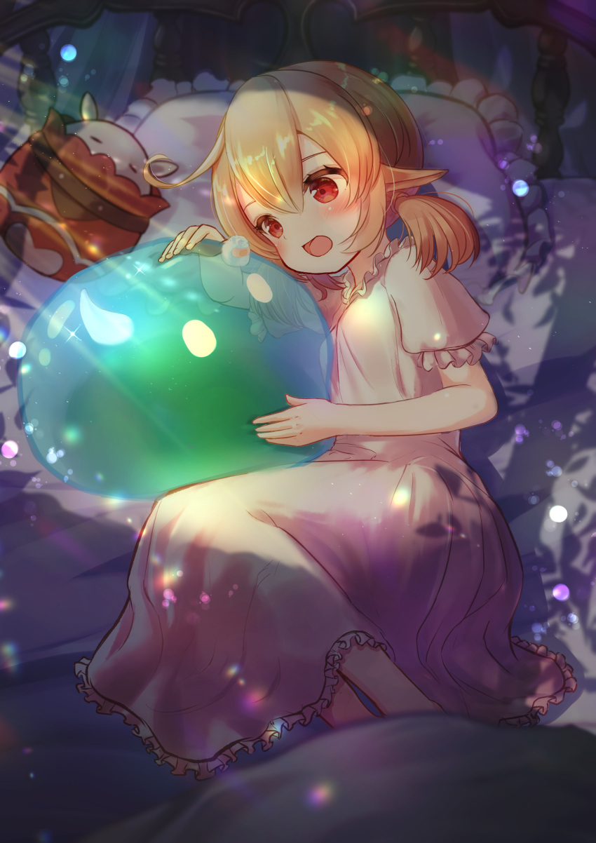 1girl 1other barefoot bed blonde_hair blush dress echi_kanichi feet genshin_impact highres klee_(genshin_impact) long_hair lying nightgown on_side open_mouth pillow pointy_ears red_eyes short_sleeves slime_(creature) smile toes twintails white_dress white_nightgown