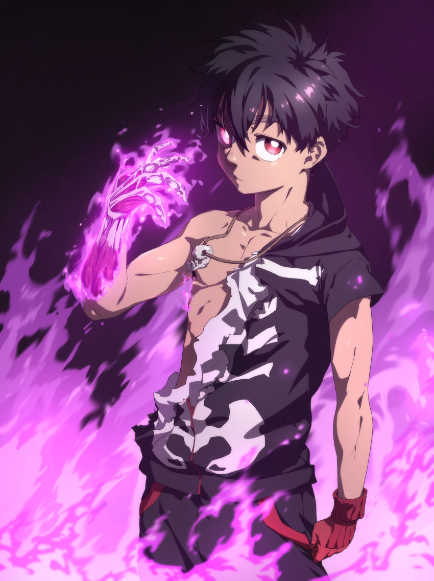 1boy absurdres black_hair bone commentary_request fire glimo highres kemono_jihen kusaka_kabane looking_at_viewer looking_up male_focus muscular_shota red_eyes skeletal_arm skeletal_hand skeleton solo torn torn_clothes undead