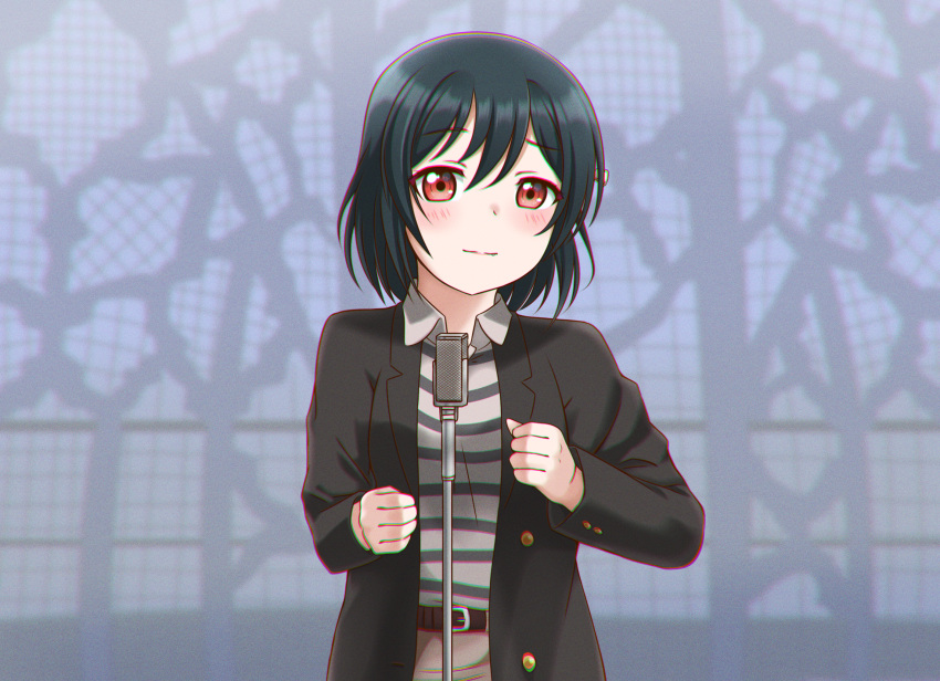 1girl belt black_hair closed_mouth cosplay eyebrows_visible_through_hair highres jan_azure long_sleeves looking_at_viewer love_live! love_live!_nijigasaki_high_school_idol_club mifune_shioriko never_gonna_give_you_up parody real_life red_eyes rick_astley rick_astley_(cosplay) shirt short_hair smile solo striped striped_shirt