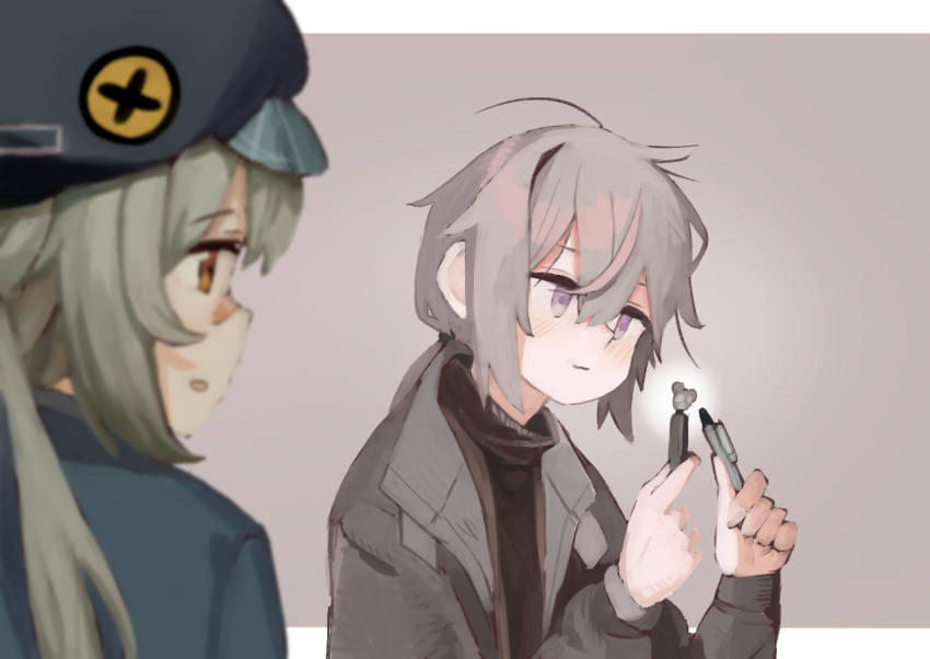 2girls alternate_costume bandaid bandaid_on_nose bangs beret black_jacket blush brown_eyes commentary_request eyebrows_visible_through_hair girls_frontline grey_hair hair_between_eyes hat holding holding_pen hs2000_(girls'_frontline) jacket long_sleeves looking_at_another looking_at_object m200_(girls'_frontline) meta0614 multiple_girls open_mouth pen ponytail upper_body violet_eyes