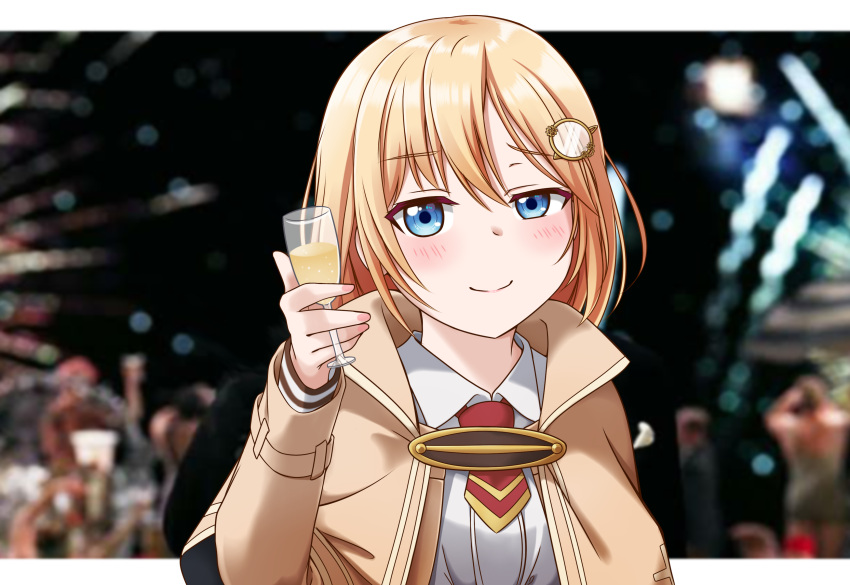 1girl absurdres blonde_hair blue_eyes blurry blurry_background closed_mouth cup drinking_glass eyebrows_visible_through_hair hair_ornament highres holding holding_cup hololive hololive_english jan_azure long_sleeves looking_at_viewer meme monocle_hair_ornament necktie red_necktie short_hair smug solo upper_body virtual_youtuber watson_amelia wine_glass