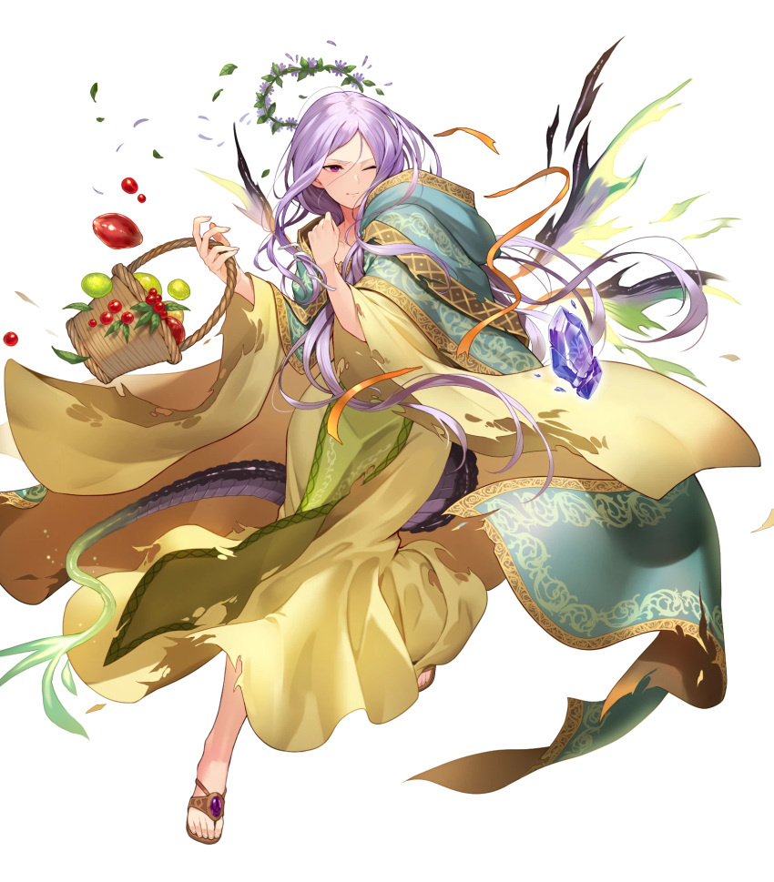 1girl bang closed_mouth damaged damaged_clothes different_eyes dress fire_emblem_heroes flower green_eye heterochromia holding holding_basket idunn_(fire_emblem) long_hair long_sleeves official_art pointy_ears purple_hair red_eye sidelocks white_background wide_sleeves