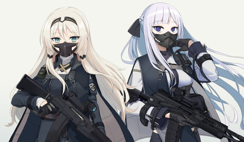 2girls ak-12 ak-12_(girls'_frontline) an-94 an-94_(girls'_frontline) assault_rifle black_gloves blonde_hair braid breasts closed_eyes dlarudgml21 french_braid girls_frontline gloves green_eyes gun highres holding holding_gun holding_weapon kalashnikov_rifle long_hair long_sleeves magazine_(weapon) mask medium_breasts mouth_mask multiple_girls reflex_sight rifle scope sidelocks sight silver_hair tactical_clothes violet_eyes weapon